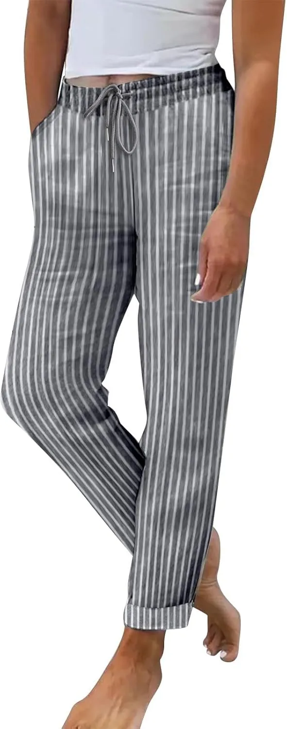 Lastesso Linen Pants Women Fashion Vertical Stripe Cotton Linen Soft Summer Outfits with Pockets Mid Rise Lounge Trousers