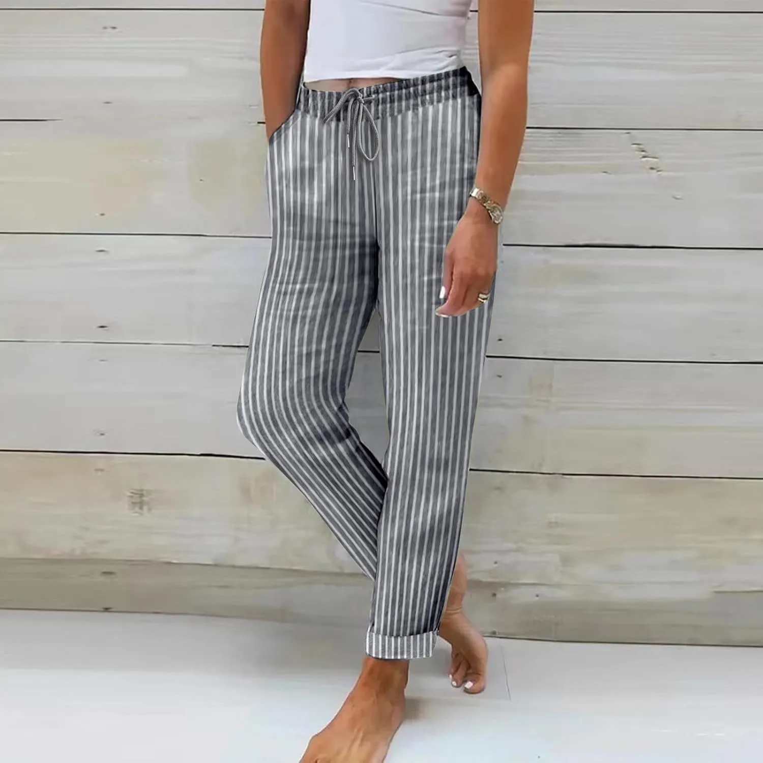 Lastesso Linen Pants Women Fashion Vertical Stripe Cotton Linen Soft Summer Outfits with Pockets Mid Rise Lounge Trousers