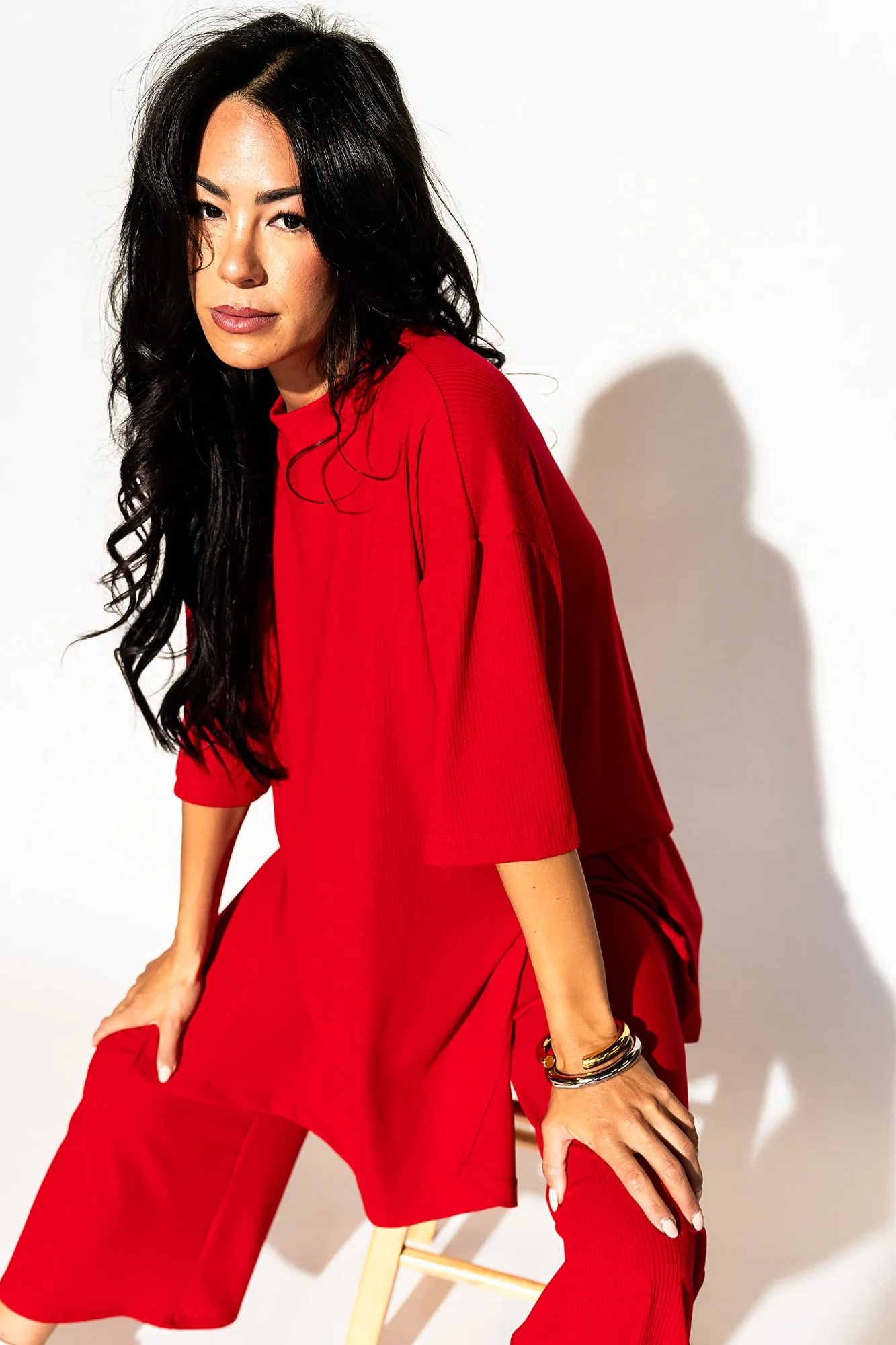 Lex Ribbed Playsuit in Cherry Red
