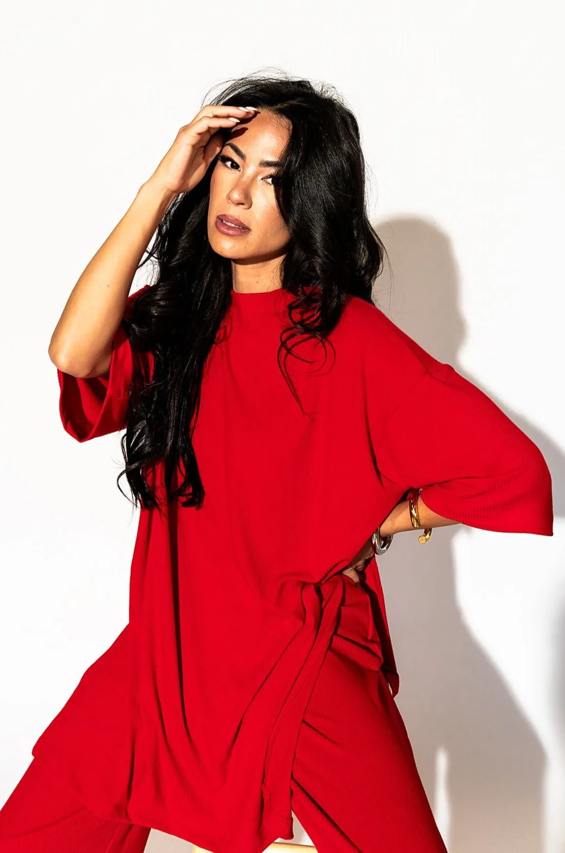Lex Ribbed Playsuit in Cherry Red