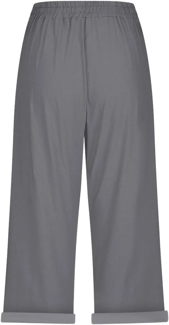 Linen Capri Pants for Women High Waisted Drawstring Trousers Comfy Soft Pant Summer Casual Beach Wear