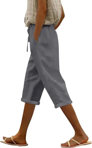 Linen Capri Pants for Women High Waisted Drawstring Trousers Comfy Soft Pant Summer Casual Beach Wear