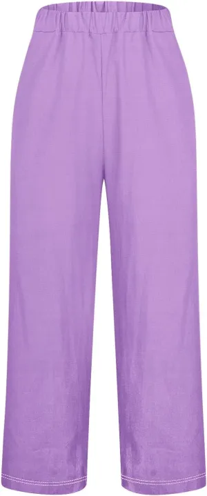 Linen Capri Pants for Women High Waisted Wide Leg Lounge Pant with Pockets Comfy Soft Trousers Casual Resort Wear