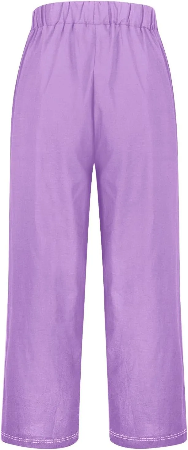 Linen Capri Pants for Women High Waisted Wide Leg Lounge Pant with Pockets Comfy Soft Trousers Casual Resort Wear