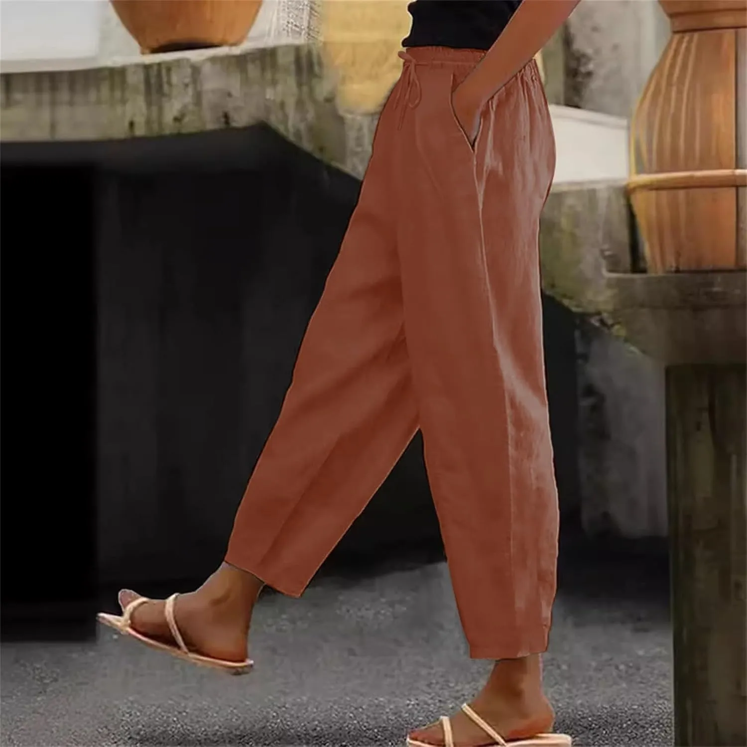 Linen Pants for Women 2025 Summer Casual Drawstring Elastic Trouser Striped Lounge Cropped Soft Pants with Pockets