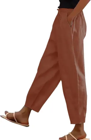 Linen Pants for Women 2025 Summer Casual Drawstring Elastic Trouser Striped Lounge Cropped Soft Pants with Pockets