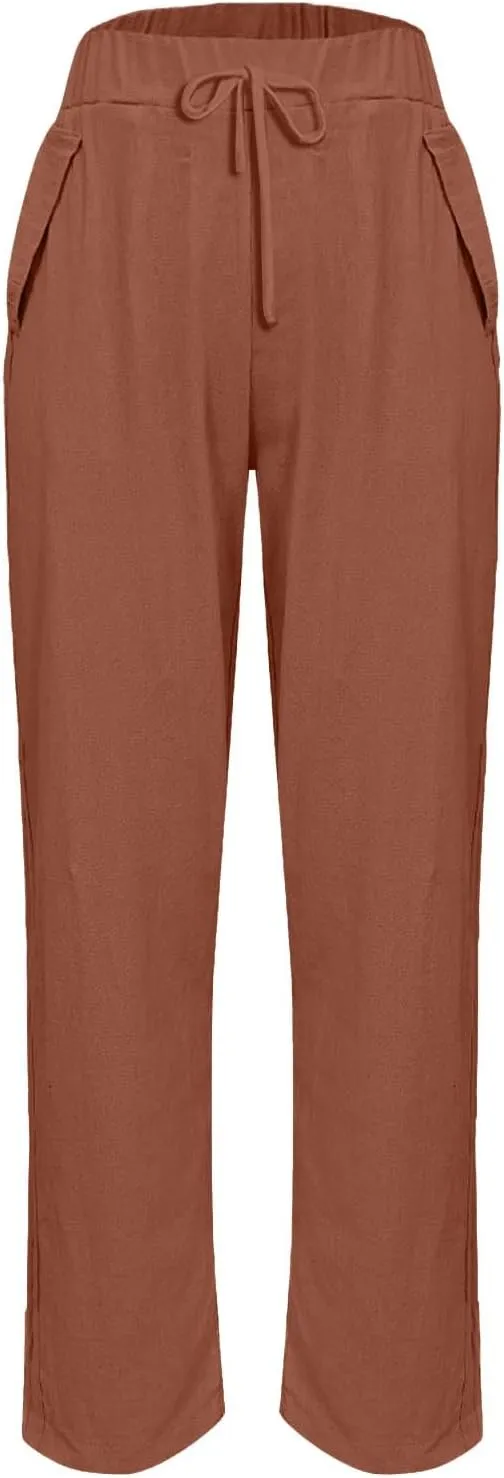 Linen Pants for Women 2025 Summer Casual Drawstring Elastic Trouser Striped Lounge Cropped Soft Pants with Pockets