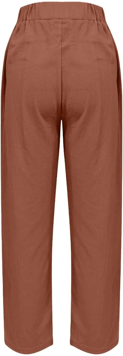 Linen Pants for Women 2025 Summer Casual Drawstring Elastic Trouser Striped Lounge Cropped Soft Pants with Pockets