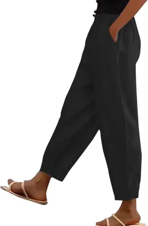 Linen Pants for Women 2025 Summer Casual Drawstring Elastic Trouser Striped Lounge Cropped Soft Pants with Pockets