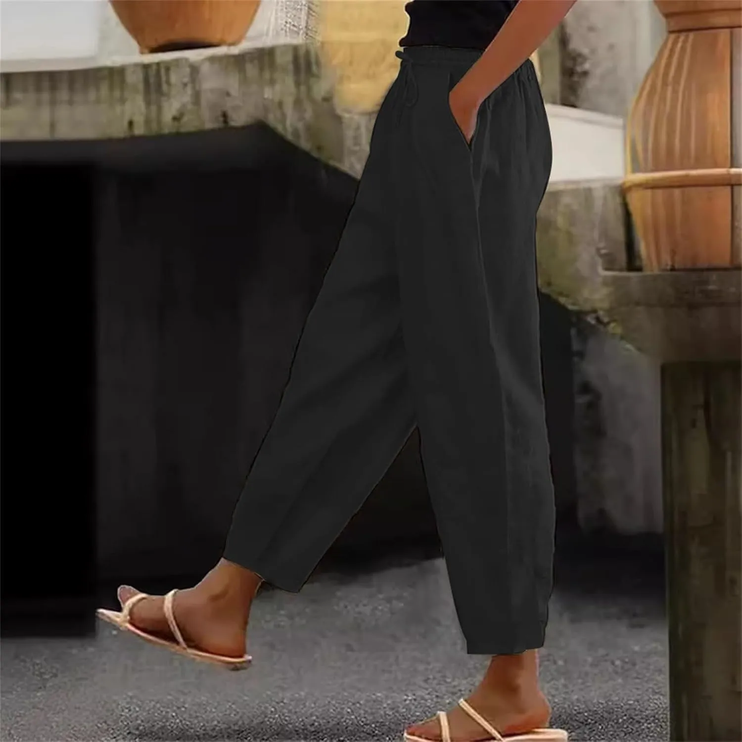 Linen Pants for Women 2025 Summer Casual Drawstring Elastic Trouser Striped Lounge Cropped Soft Pants with Pockets