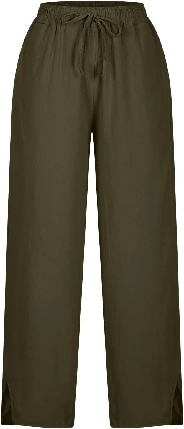 Linen Pants for Women 2025 Trendy Summer High Waist Elastic Lounge Pant Loose Fit Soft Lightweight Beach Trousers