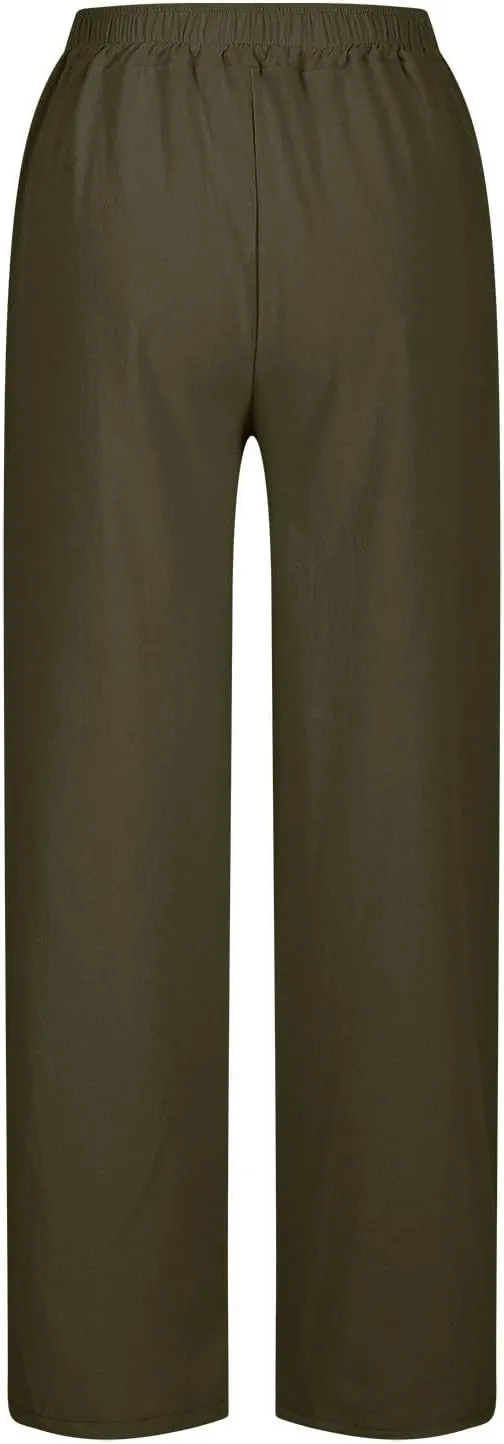 Linen Pants for Women 2025 Trendy Summer High Waist Elastic Lounge Pant Loose Fit Soft Lightweight Beach Trousers