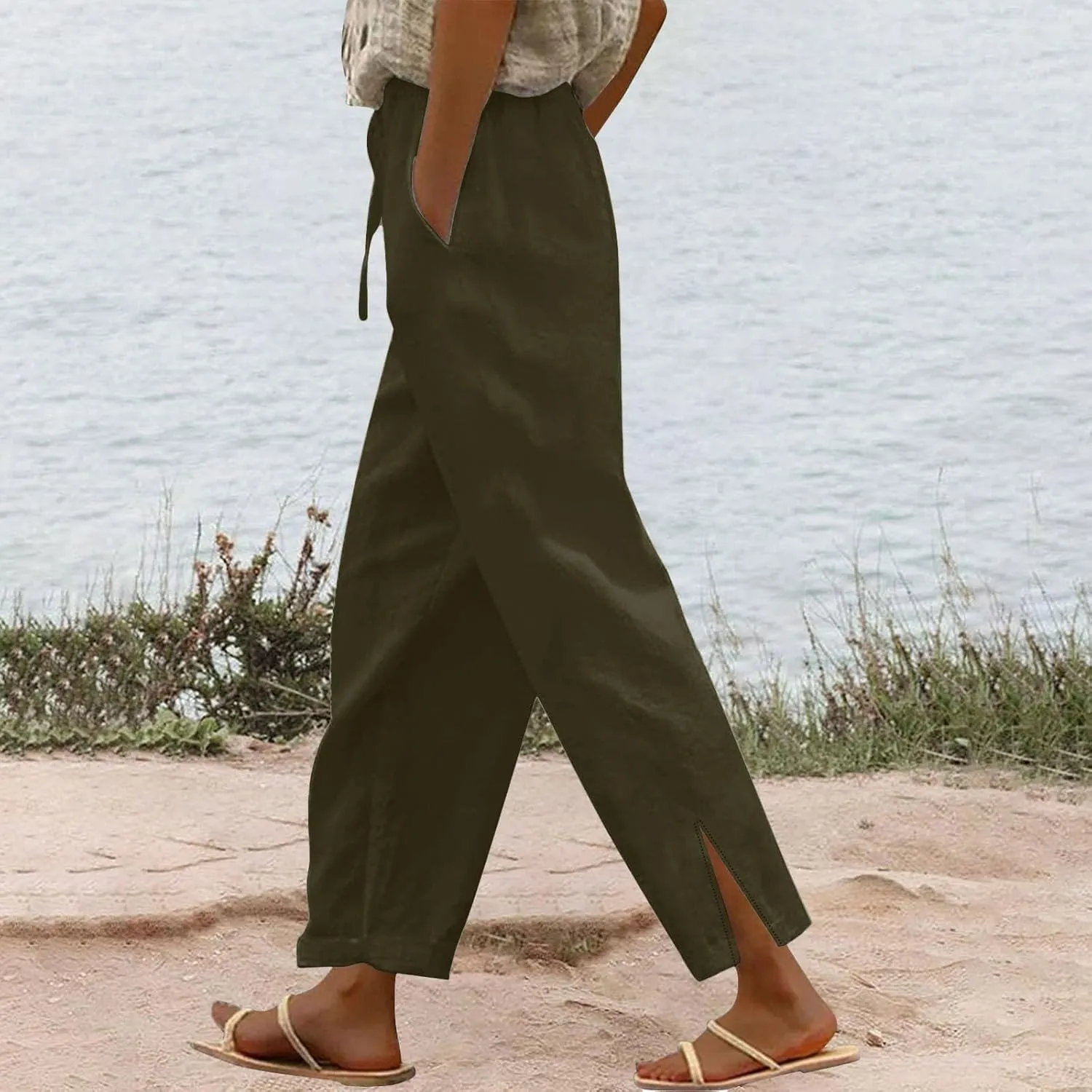 Linen Pants for Women 2025 Trendy Summer High Waist Elastic Lounge Pant Loose Fit Soft Lightweight Beach Trousers