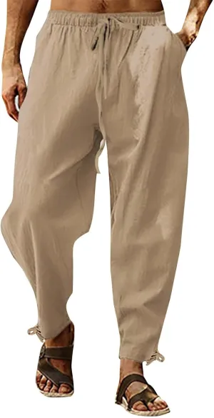 Linen Pants Men Lounge Straight-Leg Lightweight 2025 Vacation Work Pant Soft with Pocket Fashion Breathable Outfits
