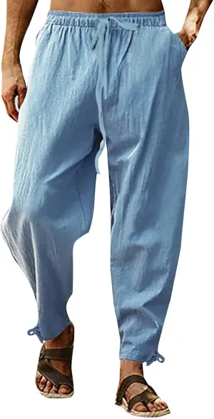 Linen Pants Men Lounge Straight-Leg Lightweight 2025 Vacation Work Pant Soft with Pocket Fashion Breathable Outfits