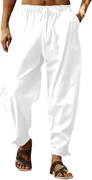 Linen Pants Men Lounge Straight-Leg Lightweight 2025 Vacation Work Pant Soft with Pocket Fashion Breathable Outfits