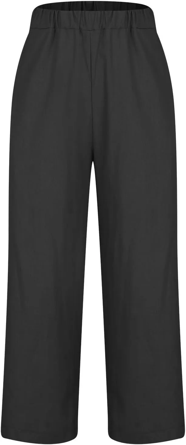 Linen Pants Women Comfy Elastic Waist Lightweight Boho Trousers with Pockets Soft Cotton Summer Hawaiian Beach Pants