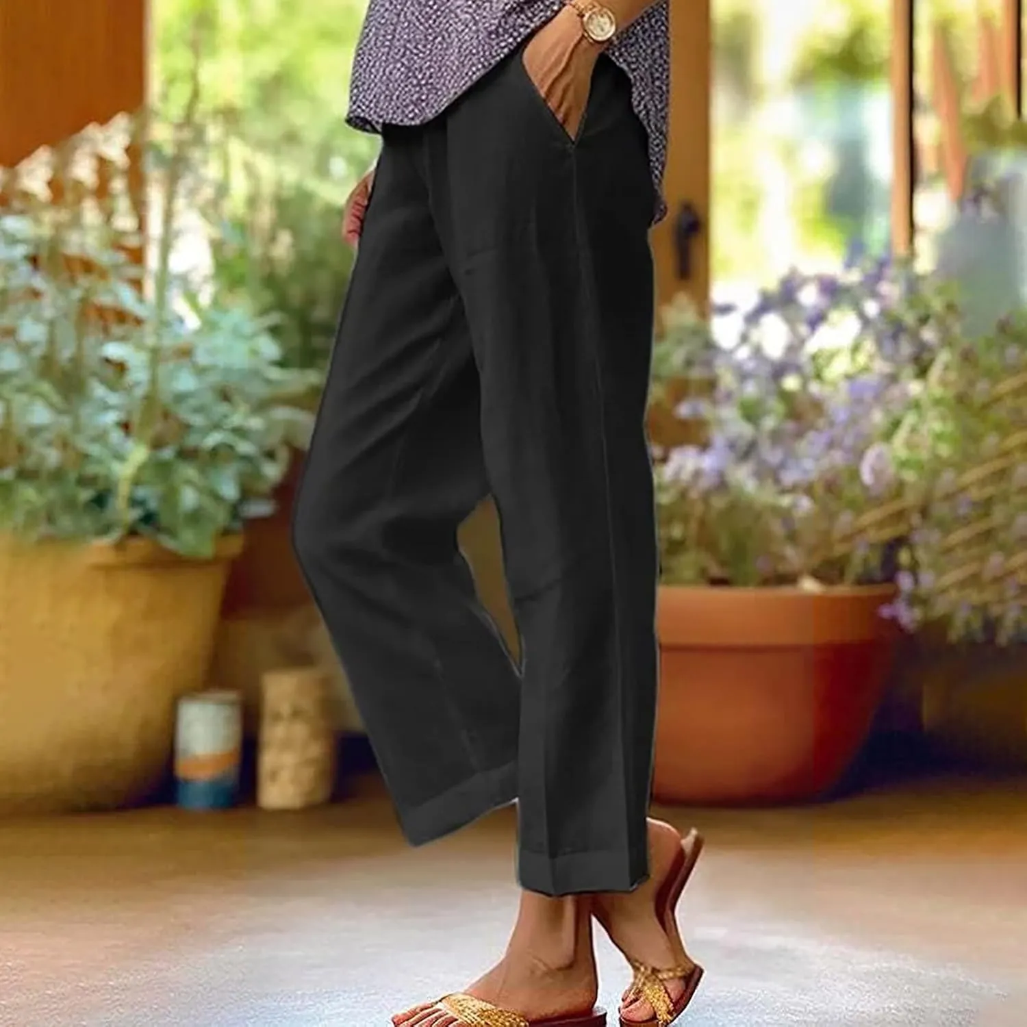 Linen Pants Women Comfy Elastic Waist Lightweight Boho Trousers with Pockets Soft Cotton Summer Hawaiian Beach Pants