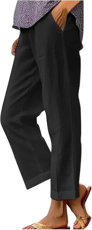 Linen Pants Women Comfy Elastic Waist Lightweight Boho Trousers with Pockets Soft Cotton Summer Hawaiian Beach Pants