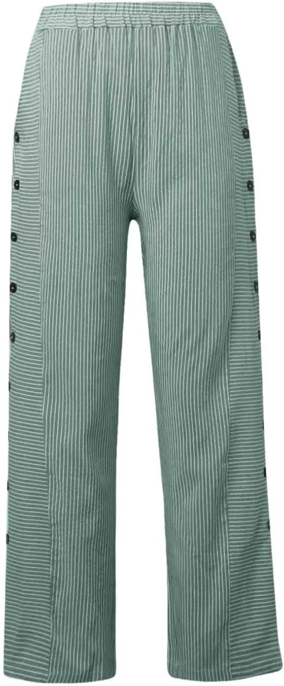 Loose Linen Pants For Women Petite Striped Print Cropped Trouser Drawstring Summer Soft Capri Sweatpant With Pocket