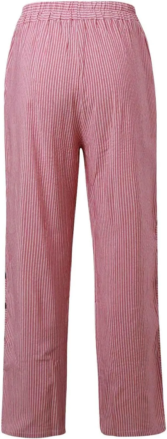 Loose Linen Pants For Women Petite Striped Print Cropped Trouser Drawstring Summer Soft Capri Sweatpant With Pocket
