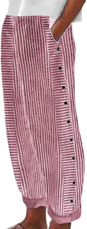 Loose Linen Pants For Women Petite Striped Print Cropped Trouser Drawstring Summer Soft Capri Sweatpant With Pocket