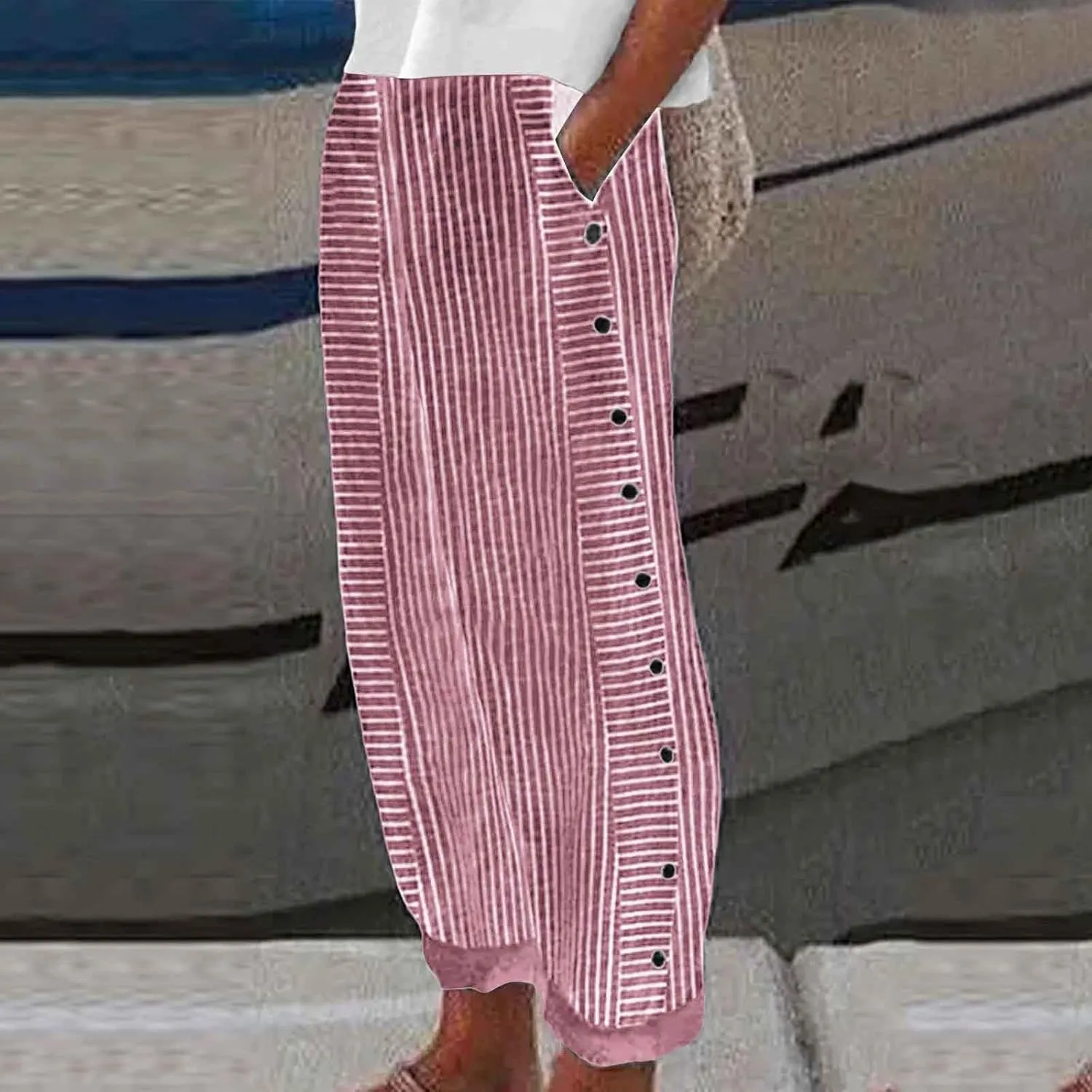 Loose Linen Pants For Women Petite Striped Print Cropped Trouser Drawstring Summer Soft Capri Sweatpant With Pocket