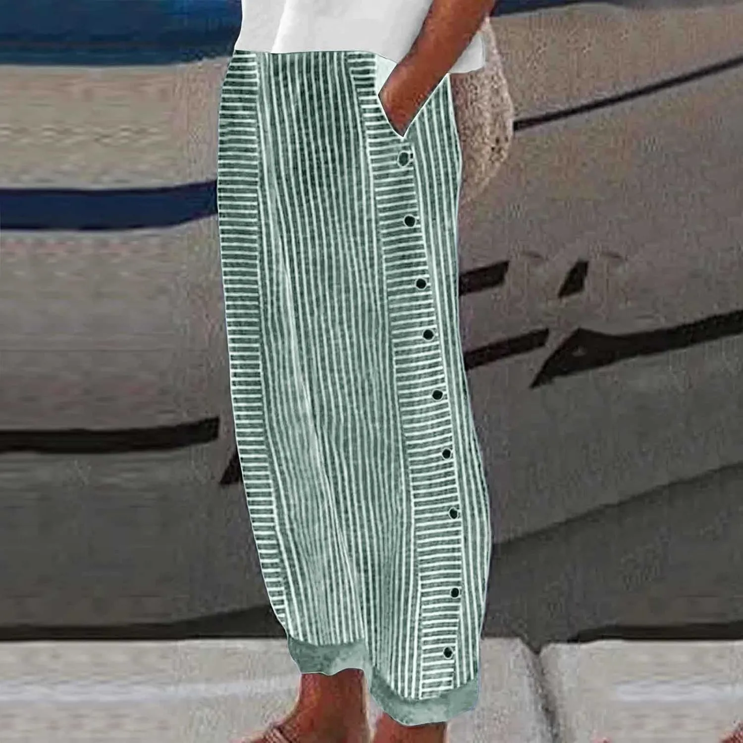 Loose Linen Pants For Women Petite Striped Print Cropped Trouser Drawstring Summer Soft Capri Sweatpant With Pocket