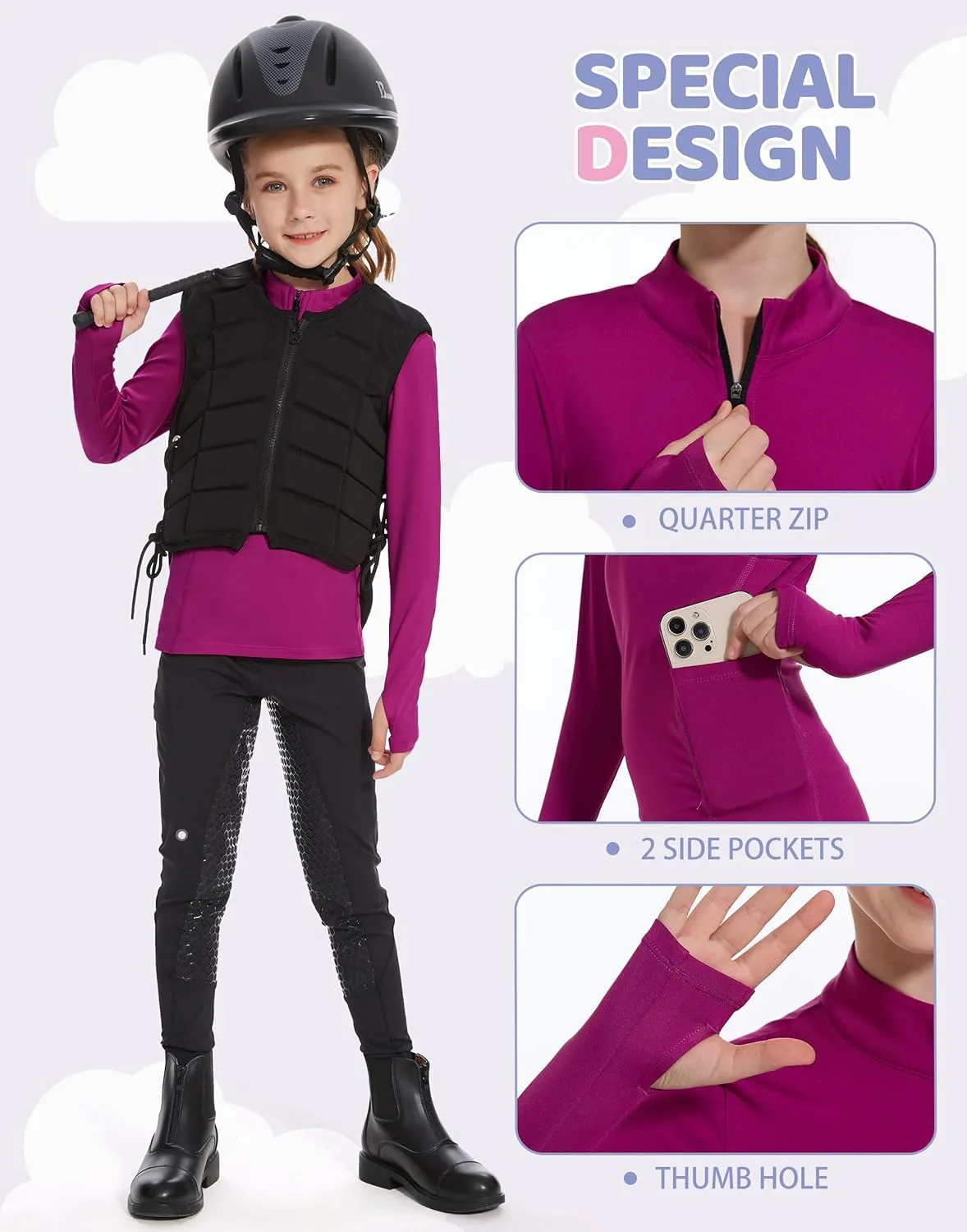 M MOTEEPI Fleece Girls Long Sleeve Shirts Quarter Zip Pullover Equestrian Girls Fall Winter Jackets