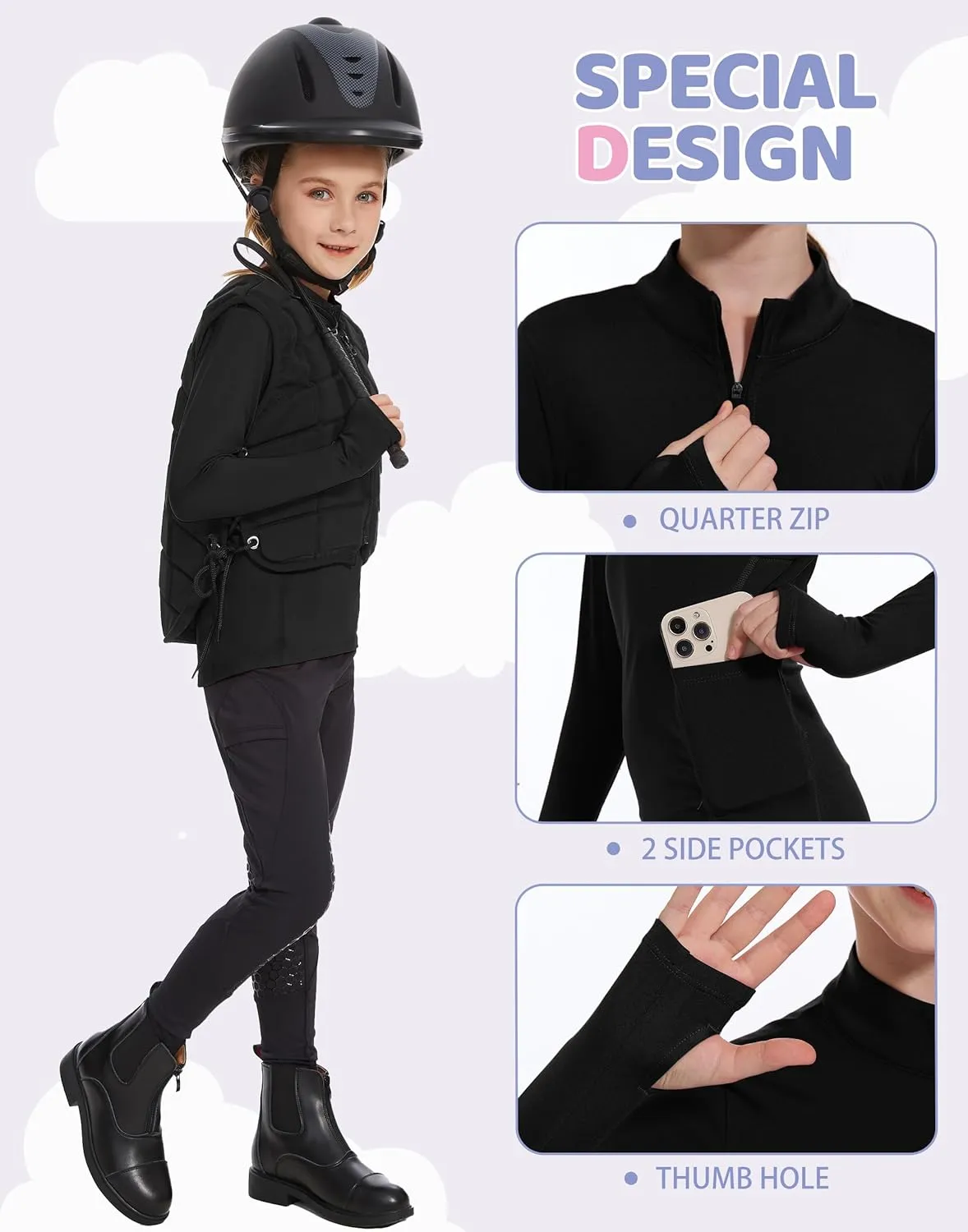 M MOTEEPI Fleece Girls Long Sleeve Shirts Quarter Zip Pullover Equestrian Girls Fall Winter Jackets