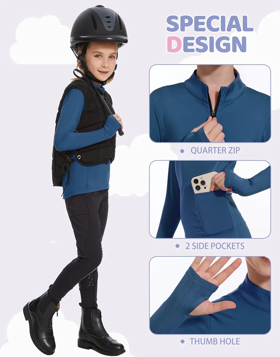 M MOTEEPI Fleece Girls Long Sleeve Shirts Quarter Zip Pullover Equestrian Girls Fall Winter Jackets