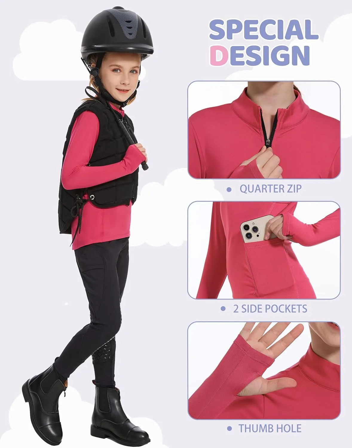 M MOTEEPI Fleece Girls Long Sleeve Shirts Quarter Zip Pullover Equestrian Girls Fall Winter Jackets