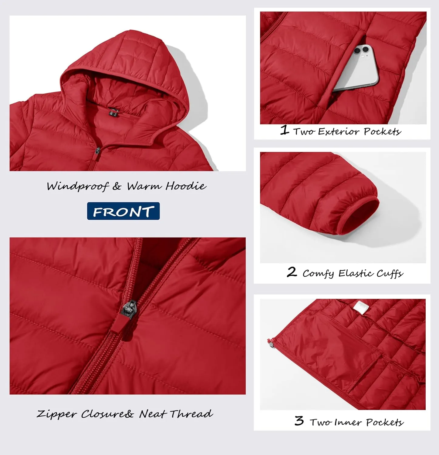 MAGCOMSEN Women's Hooded Puffer Jacket Lightweight Quilted Padded Coat 4 Pockets Zip-up Winter Warm Outerwear