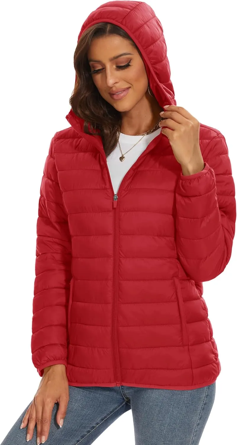 MAGCOMSEN Women's Hooded Puffer Jacket Lightweight Quilted Padded Coat 4 Pockets Zip-up Winter Warm Outerwear
