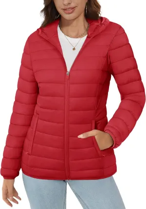 MAGCOMSEN Women's Hooded Puffer Jacket Lightweight Quilted Padded Coat 4 Pockets Zip-up Winter Warm Outerwear