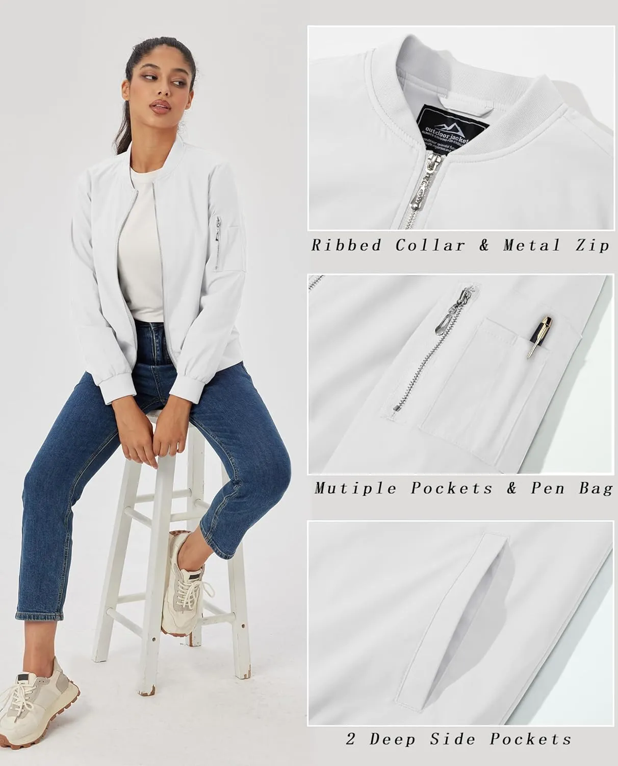 MAGCOMSEN Women's Jacket Lightweight Bomber Jackets 5 Pockets Windbreaker Zip-up Casual Moto Outwear