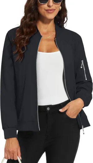 MAGCOMSEN Women's Jacket Lightweight Bomber Jackets 5 Pockets Windbreaker Zip-up Casual Moto Outwear