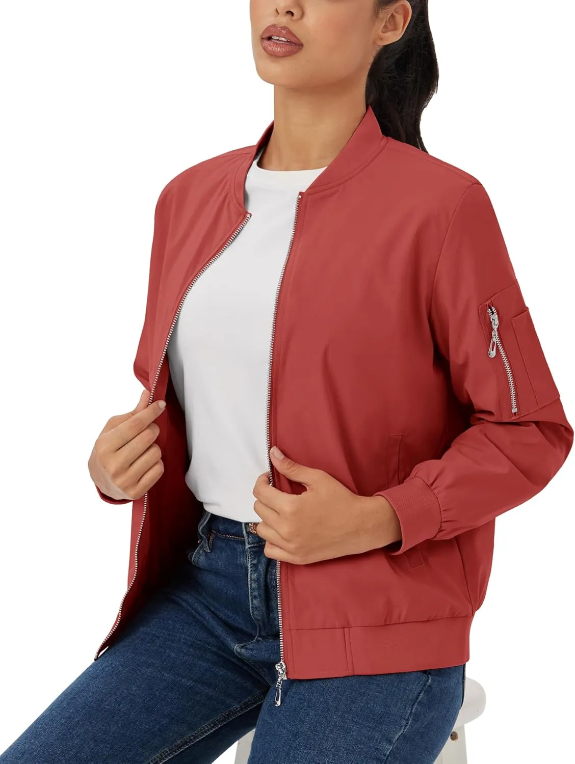 MAGCOMSEN Women's Jacket Lightweight Bomber Jackets 5 Pockets Windbreaker Zip-up Casual Moto Outwear