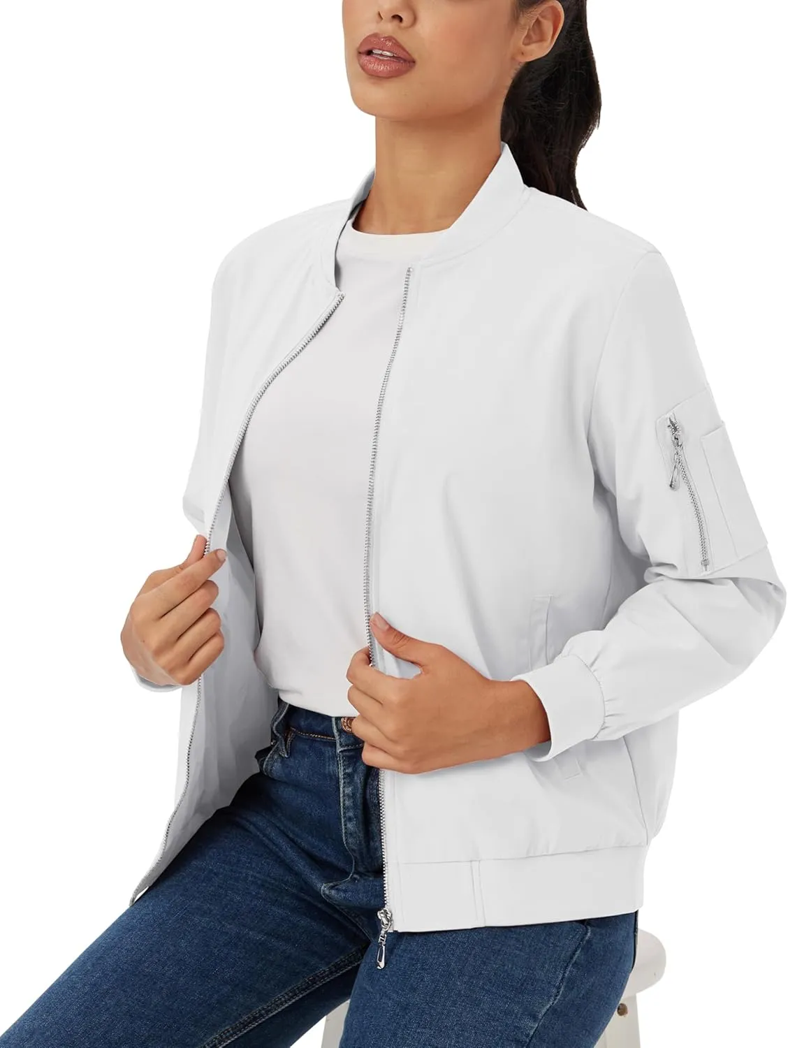 MAGCOMSEN Women's Jacket Lightweight Bomber Jackets 5 Pockets Windbreaker Zip-up Casual Moto Outwear