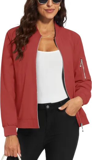 MAGCOMSEN Women's Jacket Lightweight Bomber Jackets 5 Pockets Windbreaker Zip-up Casual Moto Outwear