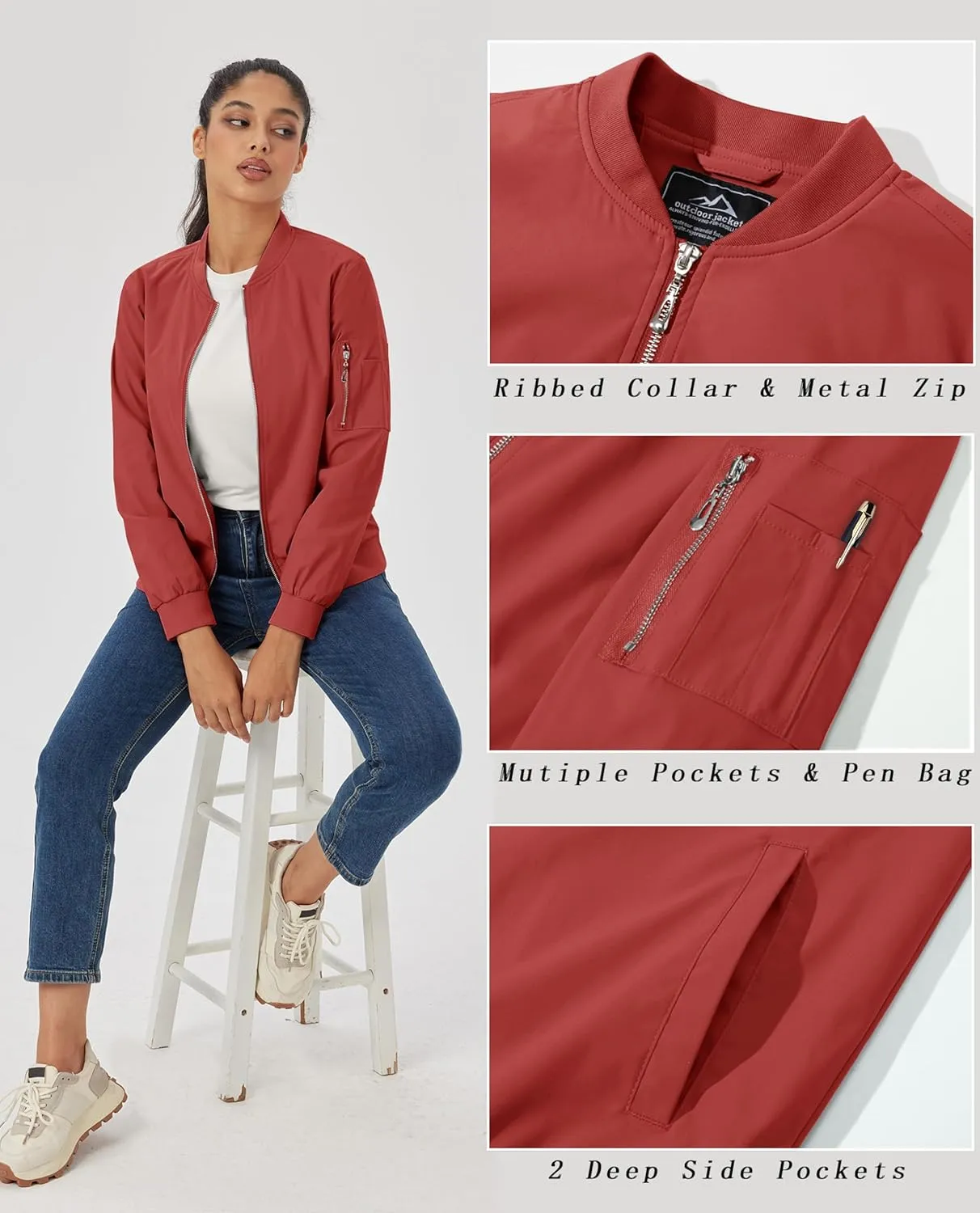 MAGCOMSEN Women's Jacket Lightweight Bomber Jackets 5 Pockets Windbreaker Zip-up Casual Moto Outwear