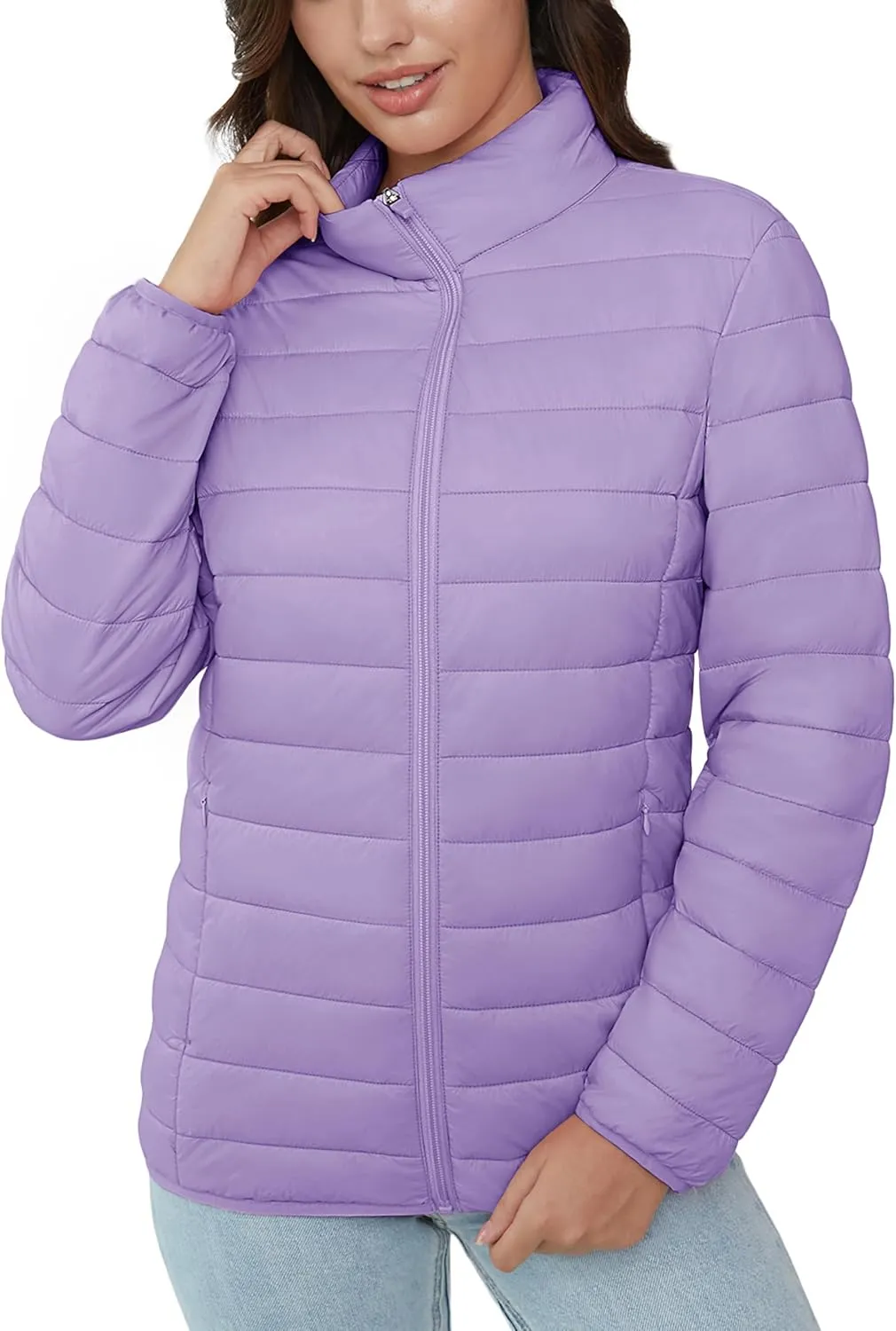 MAGCOMSEN Women's Puffer Jacket Lightweight Quilted Padded 4 Pockets Zip-up Stand-collar Winter Fleece Coat