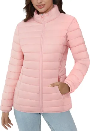 MAGCOMSEN Women's Puffer Jacket Lightweight Quilted Padded 4 Pockets Zip-up Stand-collar Winter Fleece Coat