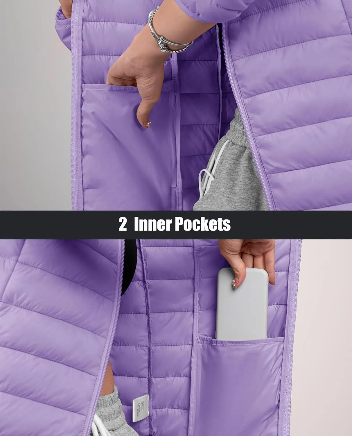 MAGCOMSEN Women's Puffer Jacket Lightweight Quilted Padded 4 Pockets Zip-up Stand-collar Winter Fleece Coat
