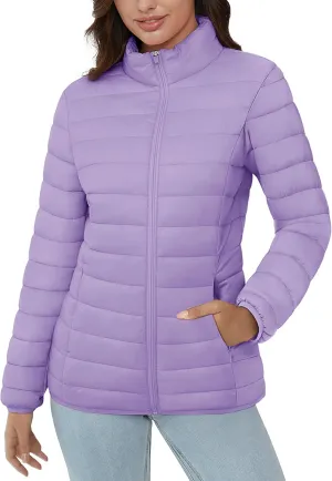 MAGCOMSEN Women's Puffer Jacket Lightweight Quilted Padded 4 Pockets Zip-up Stand-collar Winter Fleece Coat