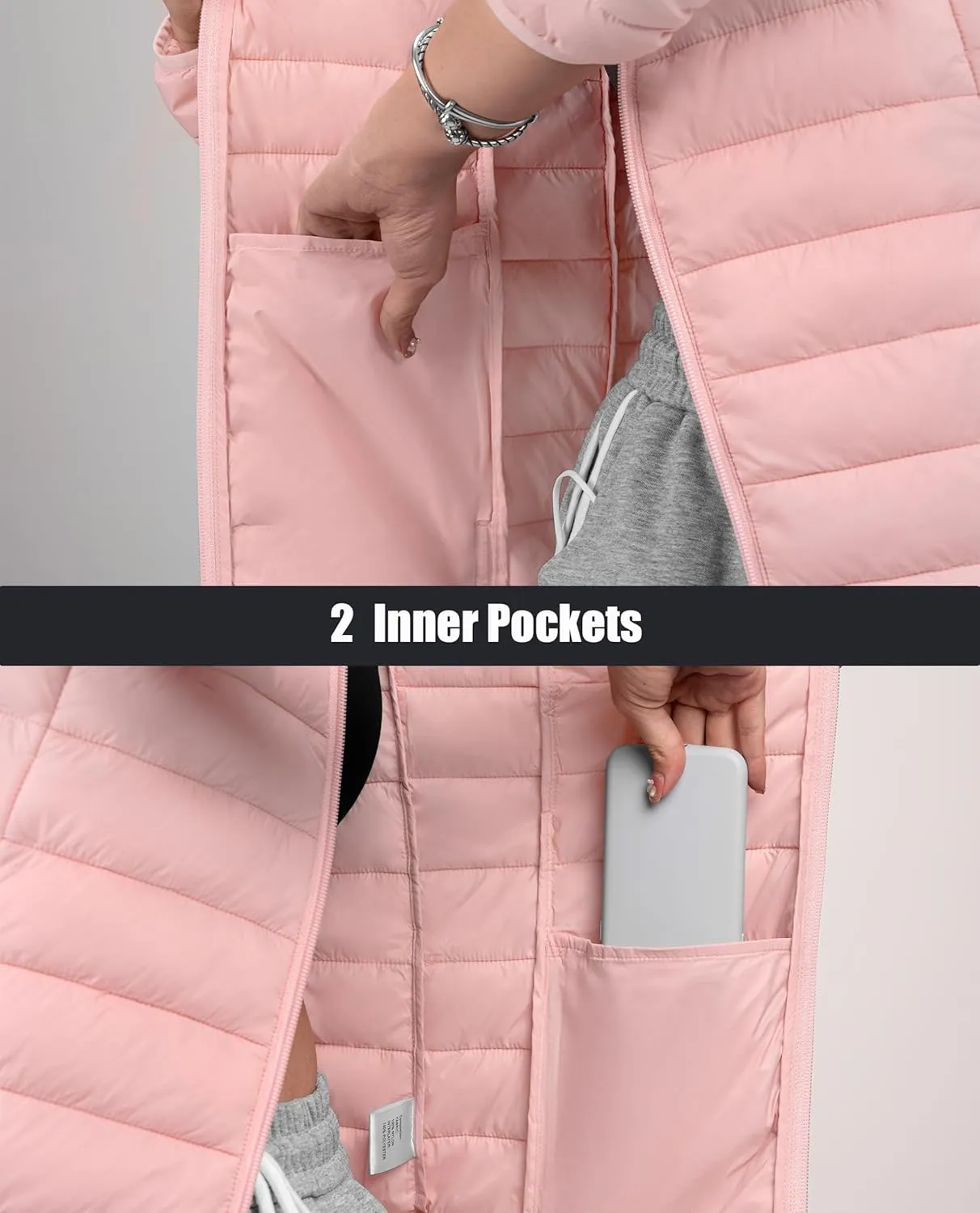 MAGCOMSEN Women's Puffer Jacket Lightweight Quilted Padded 4 Pockets Zip-up Stand-collar Winter Fleece Coat