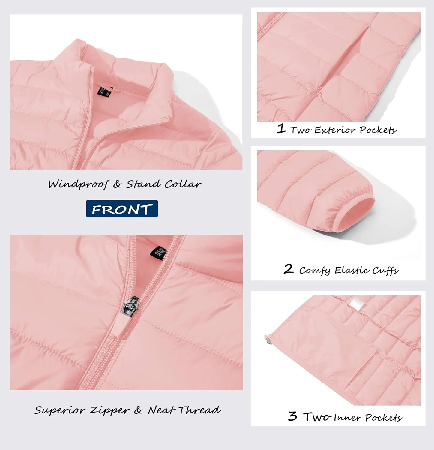 MAGCOMSEN Women's Puffer Jacket Lightweight Quilted Padded 4 Pockets Zip-up Stand-collar Winter Fleece Coat