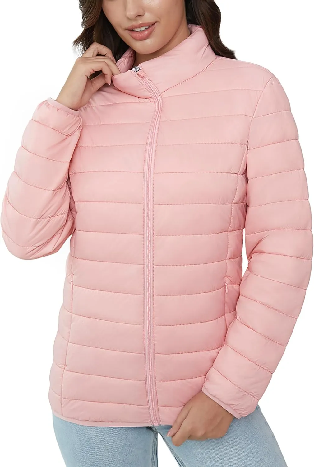 MAGCOMSEN Women's Puffer Jacket Lightweight Quilted Padded 4 Pockets Zip-up Stand-collar Winter Fleece Coat