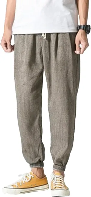 Men's Cotton Linen Lantern Pants Summer Soft Yoga Jogger Slack Casual Elastic Waist Streetwear Trousers