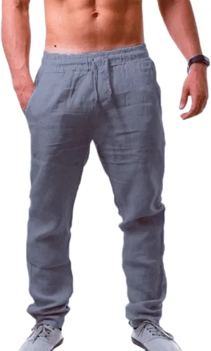 Men's Cotton Linen Trousers Sports Workout Baggy Pants Breathable Comfy Sweat Pants Summer Lightweight Soft Trousers